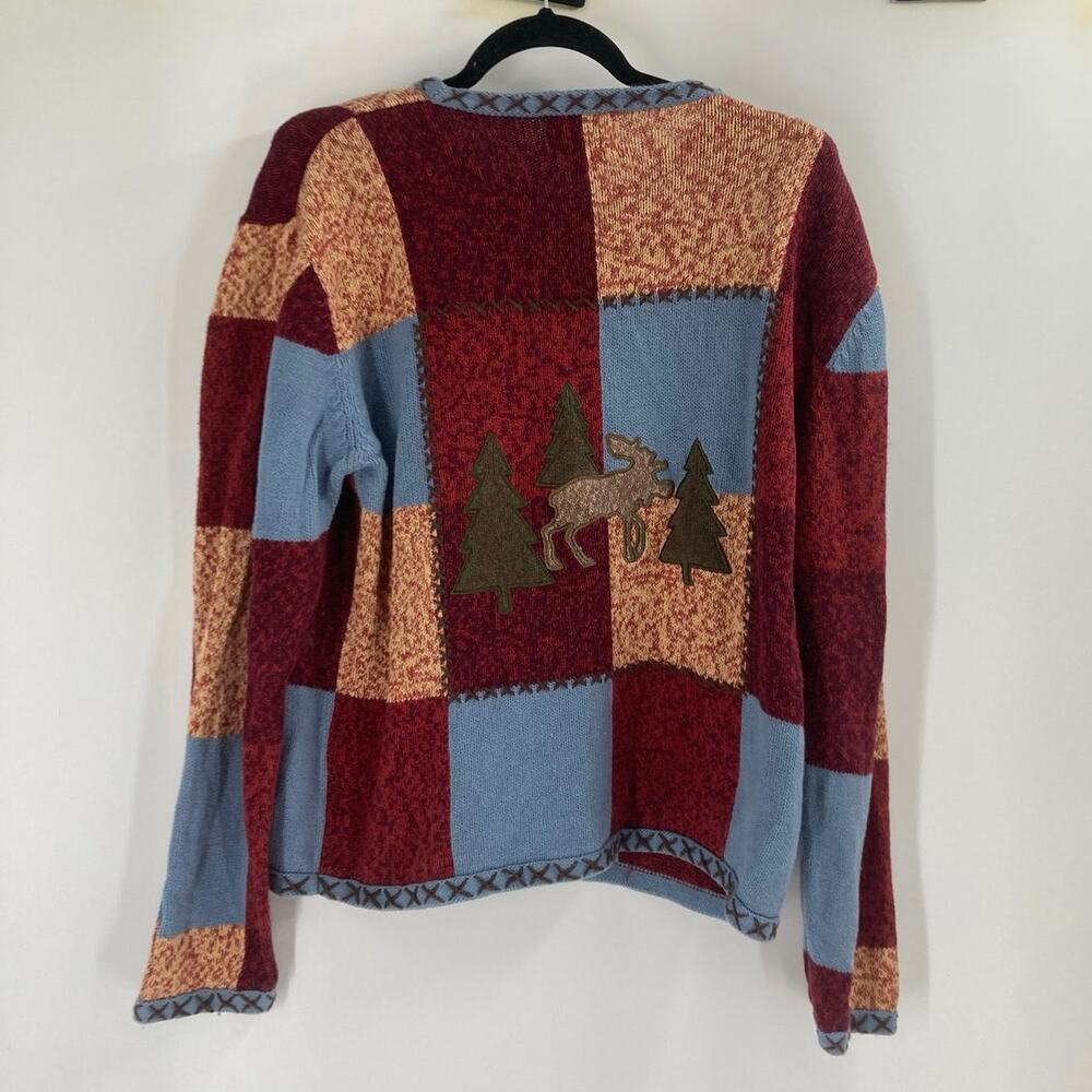 VTG Hand Embroidered 90s Patchwork Cabin Sweater Moose Women XL Rami Nature - Picture 3 of 11